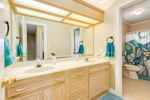 208 Fawn Trl, Lake Jackson, TX 77566 - bathroom featuring toilet, double vanity, tile patterned floors, ornamental molding, and a shower with shower curtain