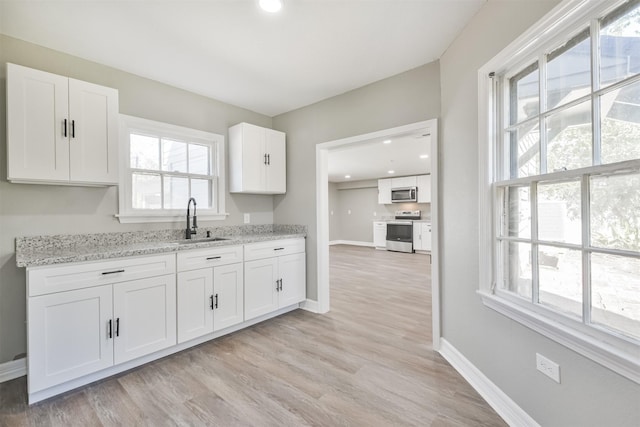 5419 Palmer St, Houston, TX 77004 - kitchen featuring stainless steel appliances, a sink, white cabinetry, baseboards, and recessed lighting