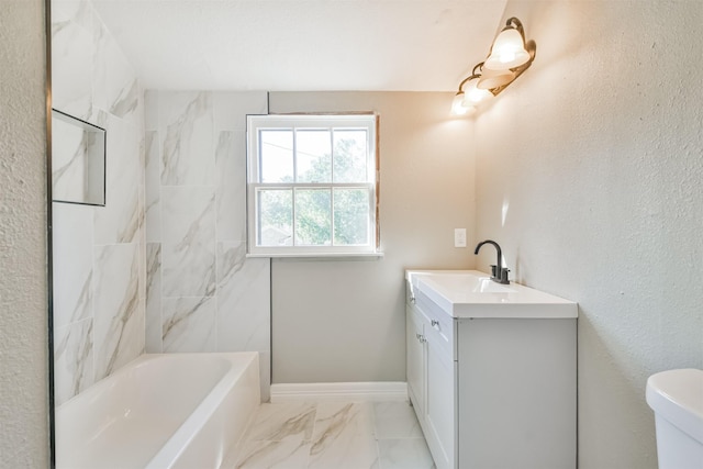 5419 Palmer St, Houston, TX 77004 - bathroom with vanity, toilet, marble look tiles, and bathtub / shower combination