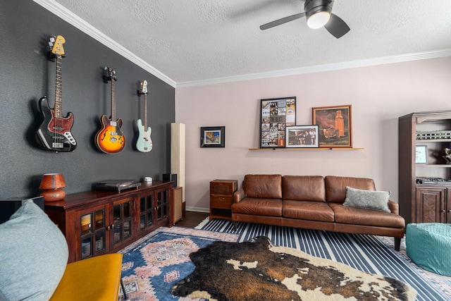31215 Rainwood Park Ln, Spring, TX 77386 - living room featuring a ceiling fan, crown molding, a textured ceiling, wood finished floors, and baseboards