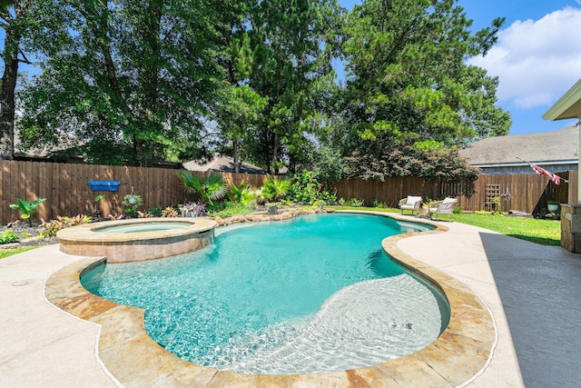 31215 Rainwood Park Ln, Spring, TX 77386 - view of pool featuring a fenced backyard, a patio, and a pool with connected hot tub