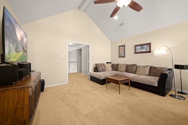 16022 Winchmore Hill Dr, Spring, TX 77379 - living room with light colored carpet, a ceiling fan, high vaulted ceiling, baseboards, and beamed ceiling