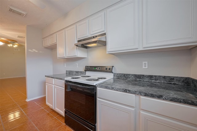 8411 Misty Vale Ln, Houston, TX 77075 - kitchen featuring electric range, under cabinet range hood, dark countertops, and white cabinets