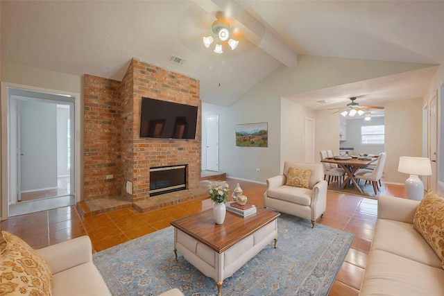 8411 Misty Vale Ln, Houston, TX 77075 - living room featuring ceiling fan, tile patterned flooring, a fireplace, and baseboards