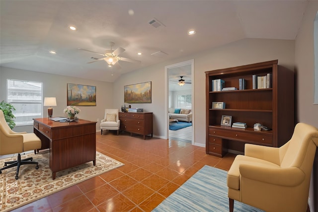 8411 Misty Vale Ln, Houston, TX 77075 - office space featuring vaulted ceiling, ceiling fan, recessed lighting, tile patterned floors, and baseboards