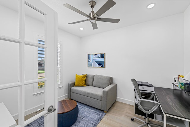 24203 Leonforte Dr, Richmond, TX 77406 - home office with wood finished floors, recessed lighting, baseboards, and a ceiling fan