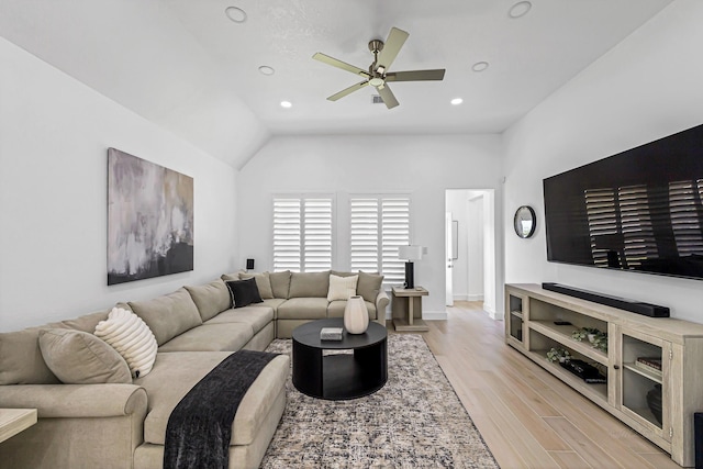 24203 Leonforte Dr, Richmond, TX 77406 - living room with light wood-style floors, a ceiling fan, recessed lighting, lofted ceiling, and baseboards