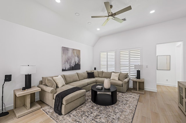 24203 Leonforte Dr, Richmond, TX 77406 - living room featuring light wood-style flooring, a ceiling fan, lofted ceiling, baseboards, and recessed lighting