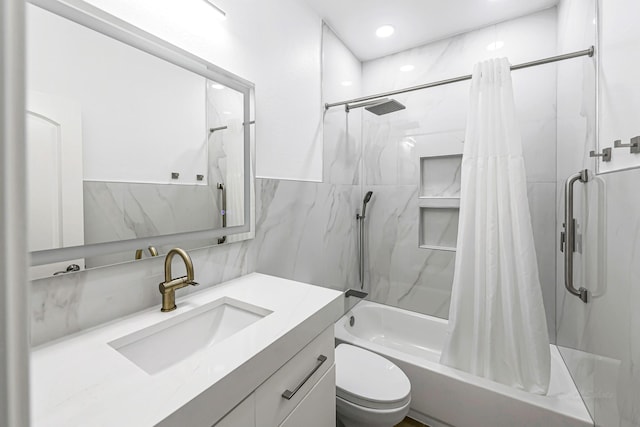 24203 Leonforte Dr, Richmond, TX 77406 - bathroom with shower / bath combo with shower curtain, vanity, toilet, recessed lighting, and tile walls