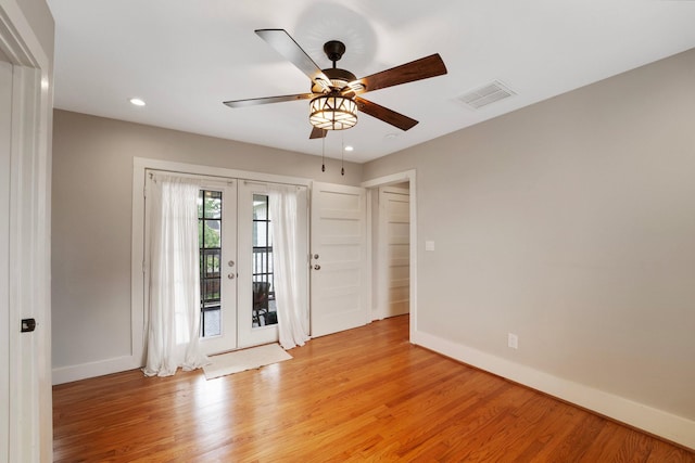 3222 Oakmont St, Houston, TX 77021 - empty room featuring french doors, baseboards, light wood-style flooring, recessed lighting, and ceiling fan