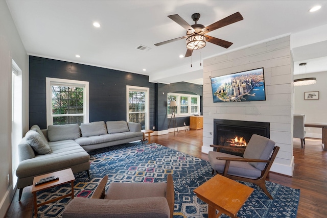 3222 Oakmont St, Houston, TX 77021 - living room with a fireplace, wood finished floors, ceiling fan, recessed lighting, and baseboards