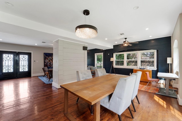 3222 Oakmont St, Houston, TX 77021 - dining room featuring a ceiling fan, wood finished floors, recessed lighting, baseboards, and french doors