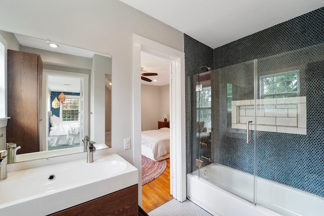 3222 Oakmont St, Houston, TX 77021 - ensuite bathroom featuring combined bath / shower with glass door, vanity, and a ceiling fan