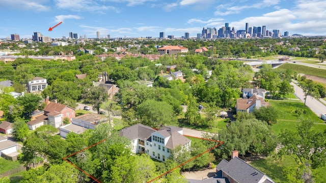 3222 Oakmont St, Houston, TX 77021 - aerial view of property and surrounding area featuring city skyline and property parcel outlined