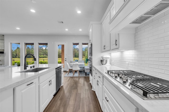 28249 Woodland Bend Way, Spring, TX 77386 - kitchen with a sink, appliances with stainless steel finishes, custom exhaust hood, recessed lighting, and white cabinetry