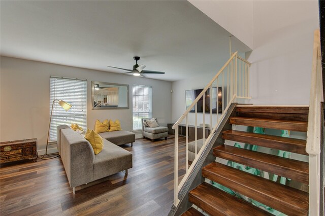 2246 Triway Ln, Houston, TX 77043 - living area with stairway, a ceiling fan, and wood finished floors