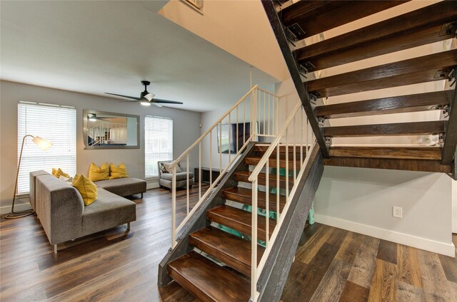 2246 Triway Ln, Houston, TX 77043 - stairs with baseboards, wood finished floors, and ceiling fan