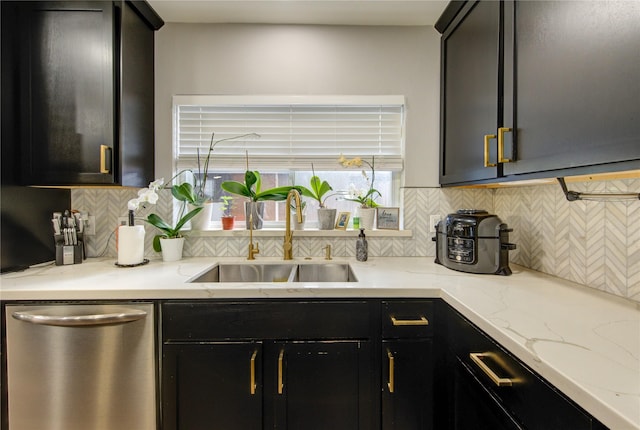 2246 Triway Ln, Houston, TX 77043 - kitchen featuring dishwasher, a sink, dark cabinetry, and backsplash
