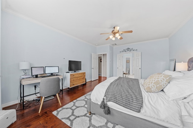 8910 Cote Ct, Houston, TX 77064 - bedroom featuring ornamental molding, dark wood finished floors, baseboards, and a ceiling fan