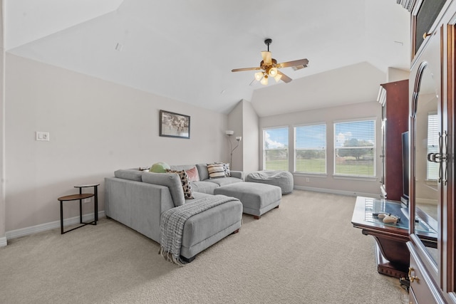 8910 Cote Ct, Houston, TX 77064 - living room featuring light colored carpet, ceiling fan, lofted ceiling, and baseboards