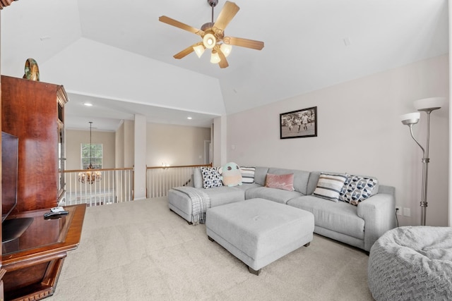8910 Cote Ct, Houston, TX 77064 - living area with a ceiling fan, lofted ceiling, carpet floors, and recessed lighting