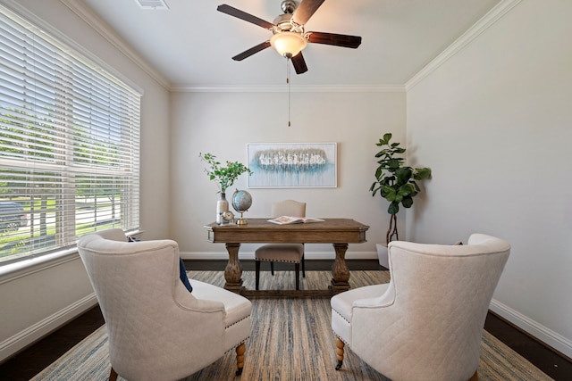 18735 Evanhale Bend Dr, Cypress, TX 77429 - office area featuring baseboards, a ceiling fan, ornamental molding, and wood finished floors
