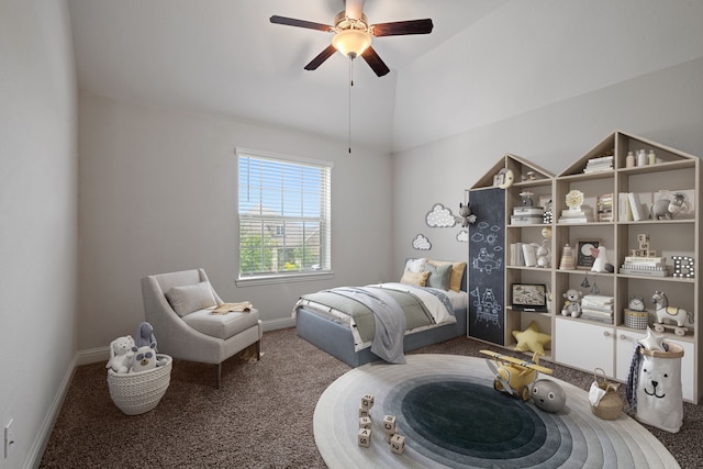 18735 Evanhale Bend Dr, Cypress, TX 77429 - bedroom featuring carpet, lofted ceiling, baseboards, and ceiling fan