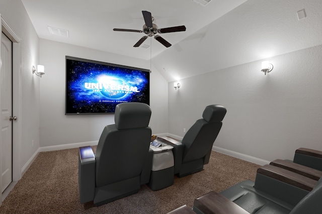 18735 Evanhale Bend Dr, Cypress, TX 77429 - cinema room featuring carpet, a ceiling fan, baseboards, and lofted ceiling