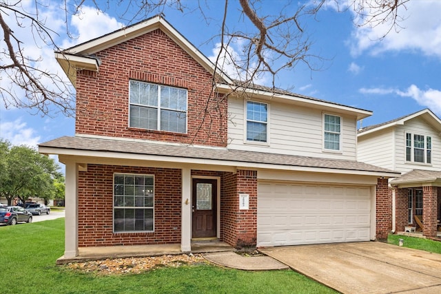 20203 Stonegrove Ct, Tomball, TX 77375 - traditional-style home with brick siding, an attached garage, driveway, a front yard, and a shingled roof