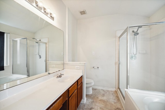 20203 Stonegrove Ct, Tomball, TX 77375 - bathroom with vanity, a stall shower, a garden tub, toilet, and vaulted ceiling