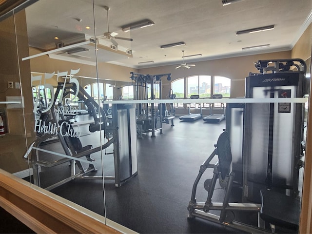 7575 Kirby Dr Unit 1104, Houston, TX 77030 - gym featuring ceiling fan and crown molding