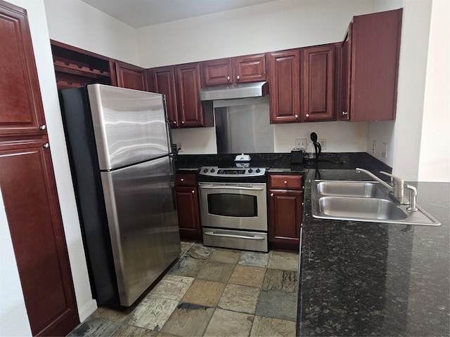 7575 Kirby Dr Unit 1104, Houston, TX 77030 - kitchen featuring appliances with stainless steel finishes, under cabinet range hood, dark brown cabinets, and a sink