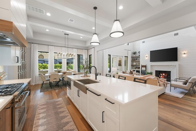 407 N Copa Palm Loop, Montgomery, TX 77316 - kitchen featuring a sink, high end stainless steel range, wall chimney range hood, hardwood / wood-style floors, and recessed lighting