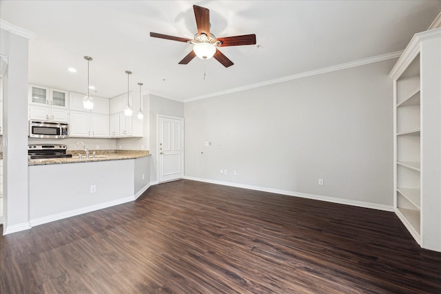 2111 Welch St Unit A123, Houston, TX 77019 - unfurnished living room with ceiling fan, dark wood-type flooring, a sink, baseboards, and crown molding