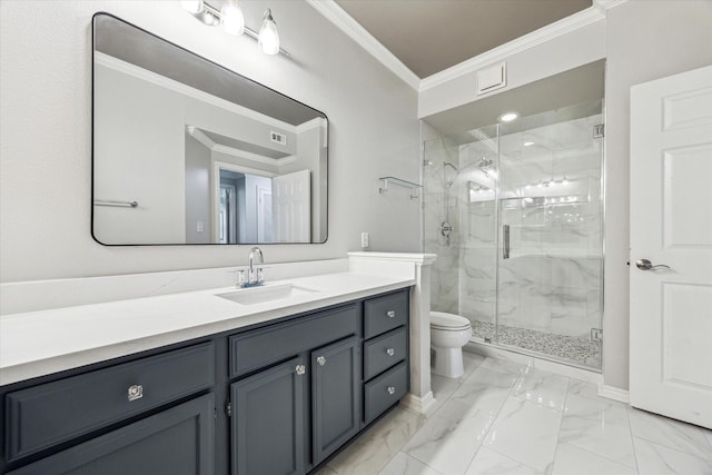 2111 Welch St Unit A123, Houston, TX 77019 - bathroom featuring ornamental molding, toilet, a marble finish shower, vanity, and marble finish flooring