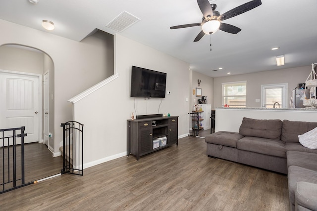 25131 Bells Canyon Dr, Porter, TX 77365 - living area with wood finished floors, a ceiling fan, baseboards, and recessed lighting