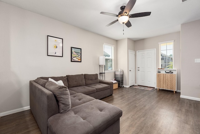 25131 Bells Canyon Dr, Porter, TX 77365 - living room featuring baseboards, a ceiling fan, and dark wood-type flooring