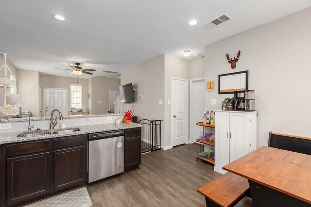 25131 Bells Canyon Dr, Porter, TX 77365 - kitchen featuring dishwasher, a sink, dark wood finished floors, a ceiling fan, and dark brown cabinets