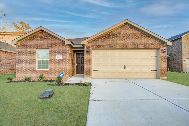 10699 Lost Maples Dr, Cleveland, TX 77328 - ranch-style home featuring brick siding, driveway, a front yard, and a garage