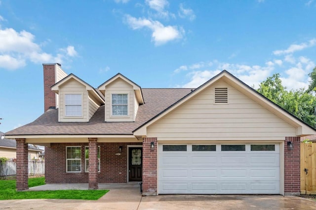 5847 Southington St, Houston, TX 77033 - view of front of property featuring brick siding, driveway, a shingled roof, a porch, and a chimney