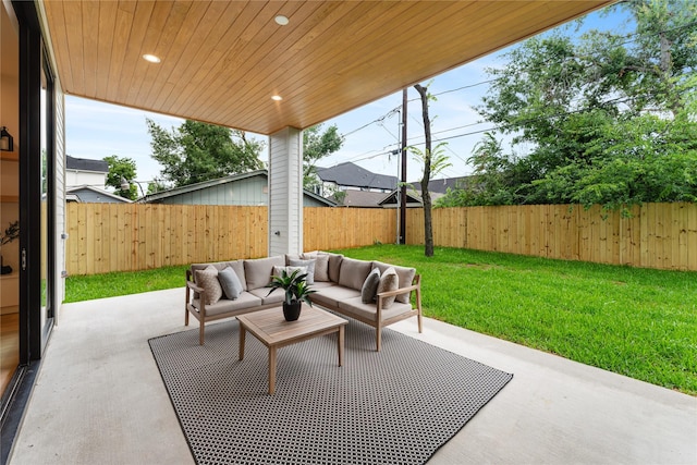1741 Chippendale Rd, Houston, TX 77018 - fenced backyard featuring a patio area and outdoor lounge area