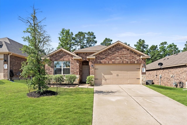 11375 Dawn Beach Ln, Conroe, TX 77304 - view of front of home featuring a garage, brick siding, concrete driveway, and a front yard