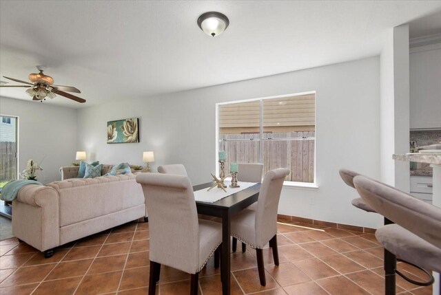 8702 Cold Lake Dr, Houston, TX 77088 - dining space featuring dark tile patterned floors, a ceiling fan, and baseboards