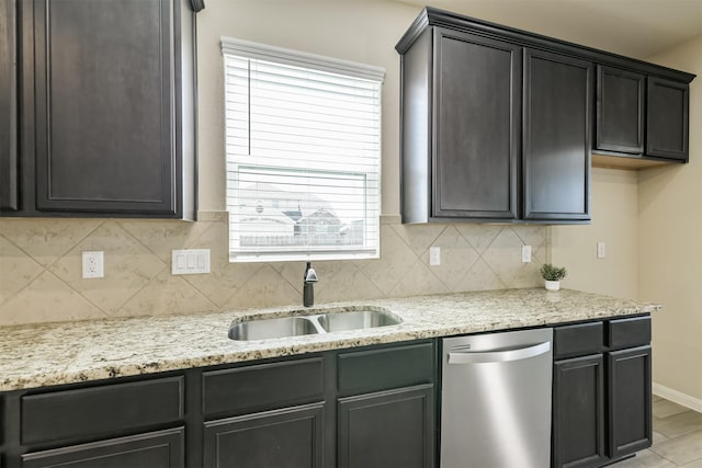 22303 Bauer Garden Dr, Hockley, TX 77447 - kitchen featuring stainless steel dishwasher, a sink, tasteful backsplash, baseboards, and light stone counters