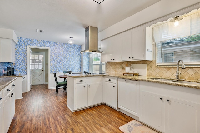 915 Timber Cove Dr, Seabrook, TX 77586 - kitchen with a sink, exhaust hood, a peninsula, wood finished floors, and white cabinets