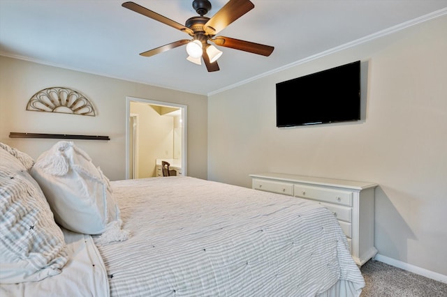915 Timber Cove Dr, Seabrook, TX 77586 - bedroom with crown molding, light carpet, baseboards, ceiling fan, and ensuite bath