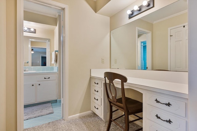 915 Timber Cove Dr, Seabrook, TX 77586 - bathroom featuring vanity, ornamental molding, baseboards, and ceiling fan