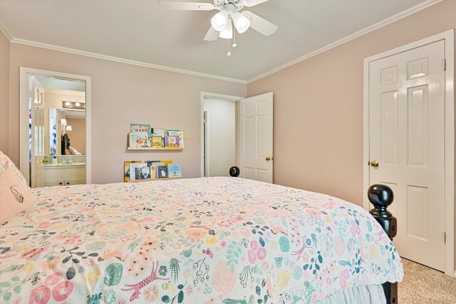 915 Timber Cove Dr, Seabrook, TX 77586 - bedroom with crown molding, connected bathroom, and ceiling fan