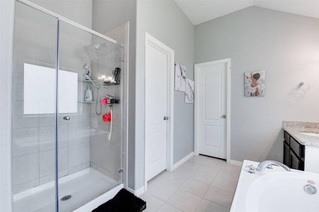 6734 Camden Valley Ct, Houston, TX 77084 - bathroom with a shower stall, tile patterned flooring, vanity, a bath, and baseboards