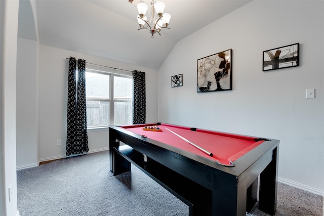 6734 Camden Valley Ct, Houston, TX 77084 - game room featuring lofted ceiling, a chandelier, carpet floors, baseboards, and pool table